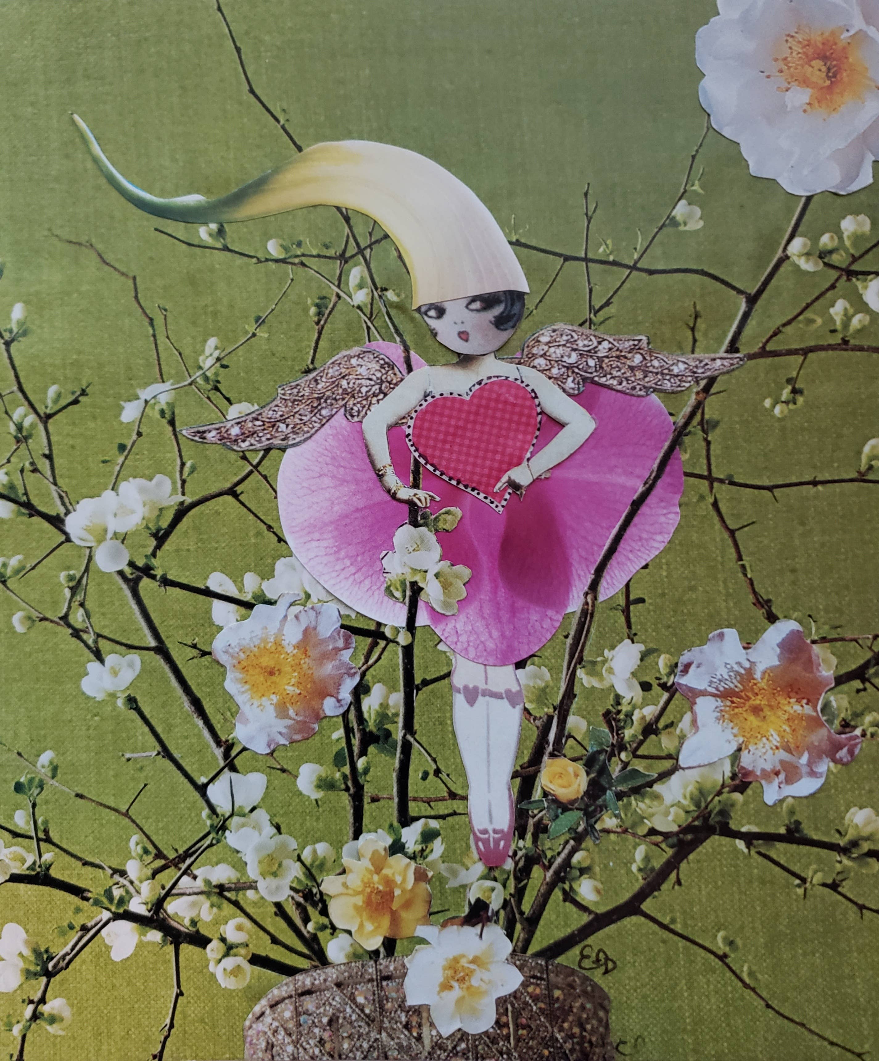 Artistic depiction of a winged figure holding a heart, surrounded by flowers and branches on a green background.