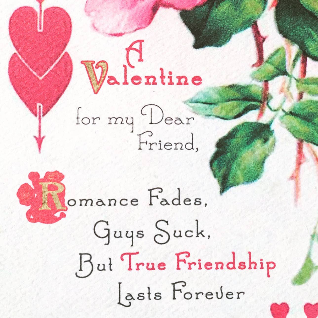 Valentine's Day card with hearts, flowers, and humorous text on a white background