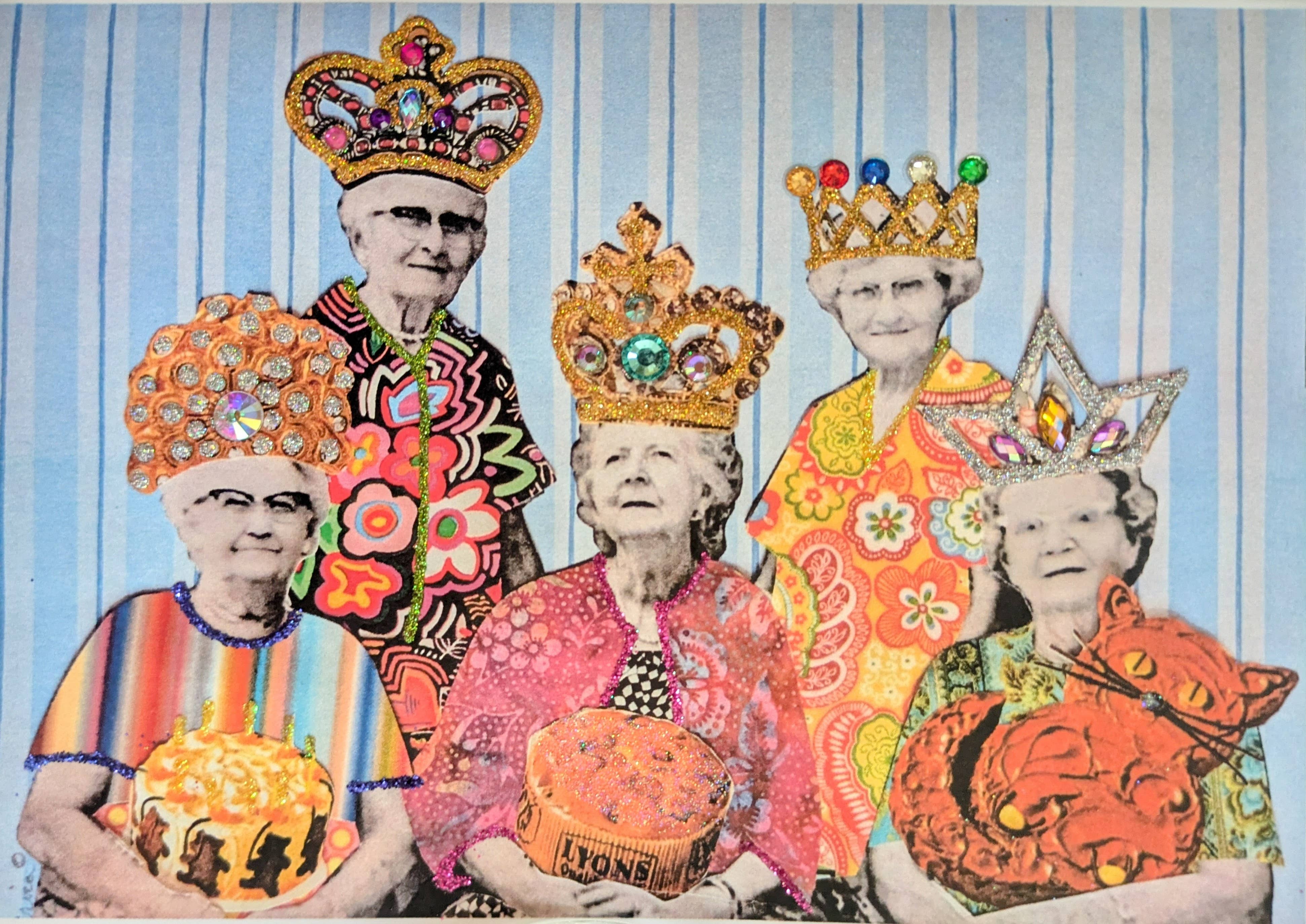 Collage of people wearing colorful crowns and floral outfits against a striped background