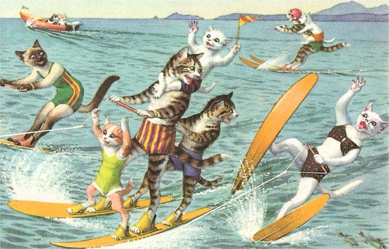 Illustration of cats engaging in water sports on a beach with mountains in the background.
