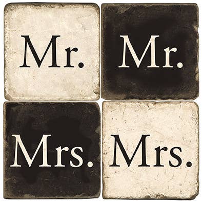 Four square coasters with 'Mr.' and 'Mrs.' text on a black and beige background