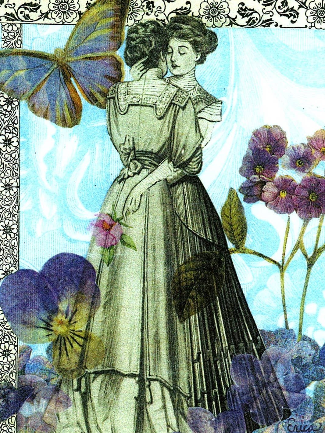 Illustration of a woman in a vintage dress surrounded by flowers and a butterfly
