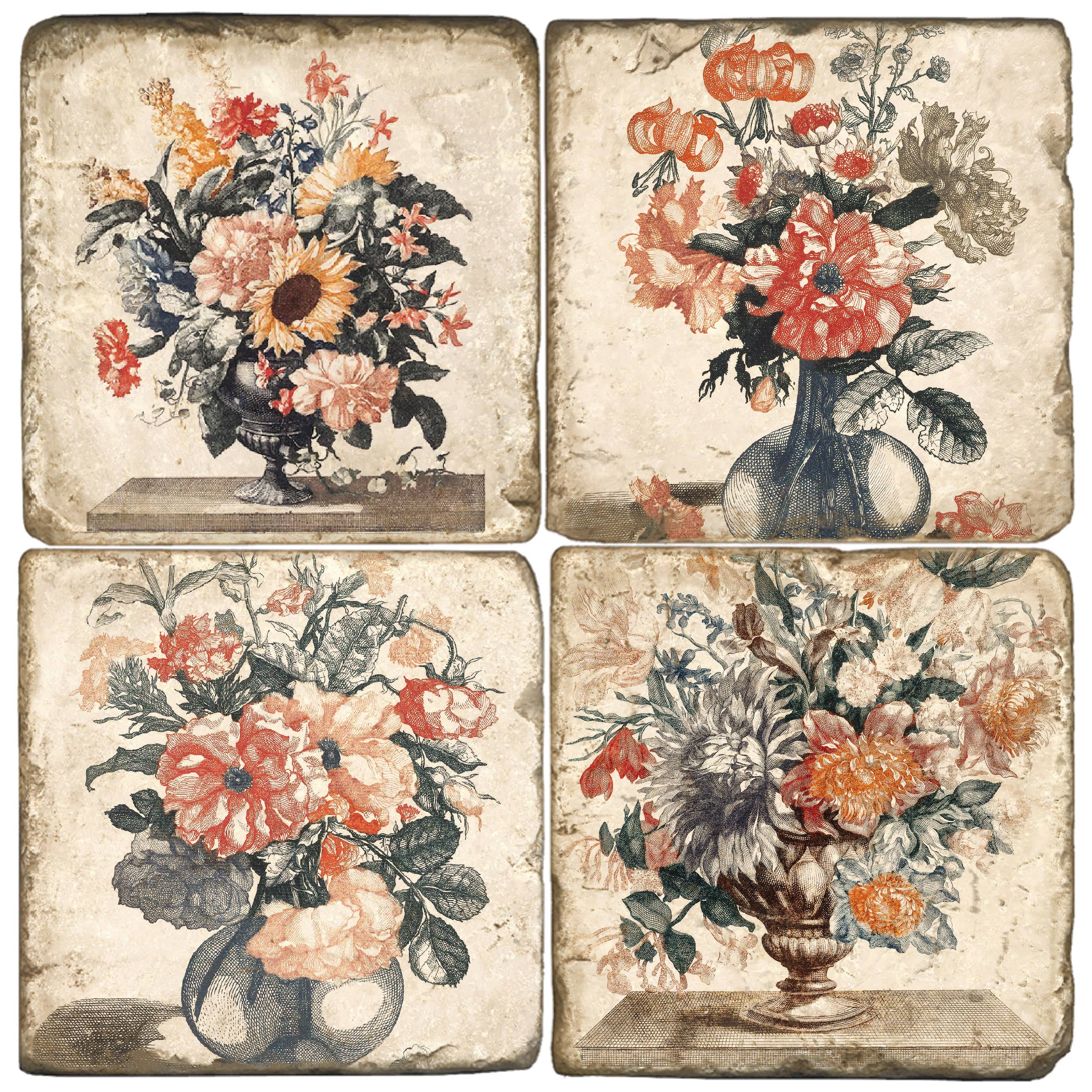 Set of four floral coasters with vintage design on a beige background