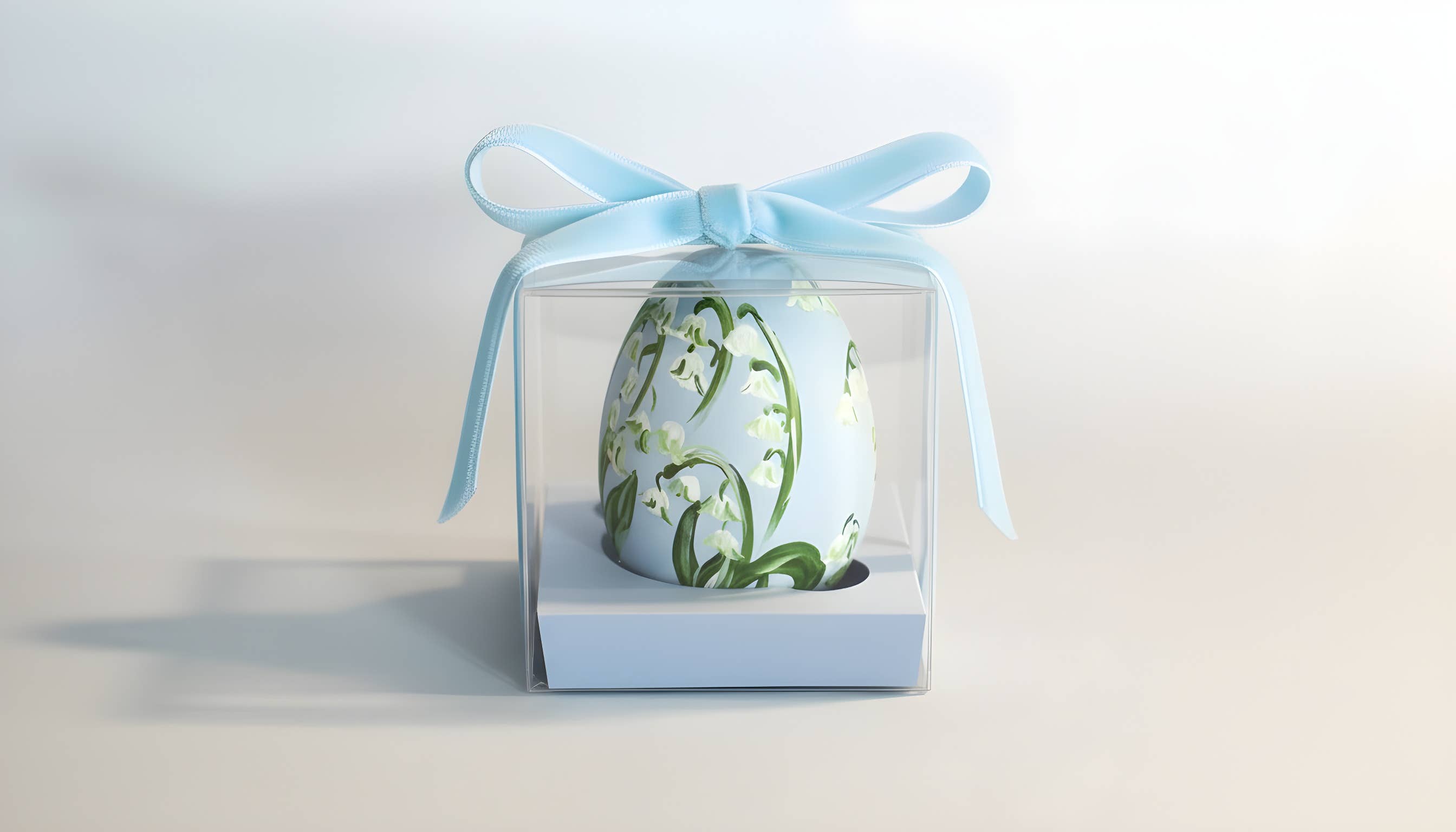 Clear gift box with a blue ribbon containing a small plant on a light gray background