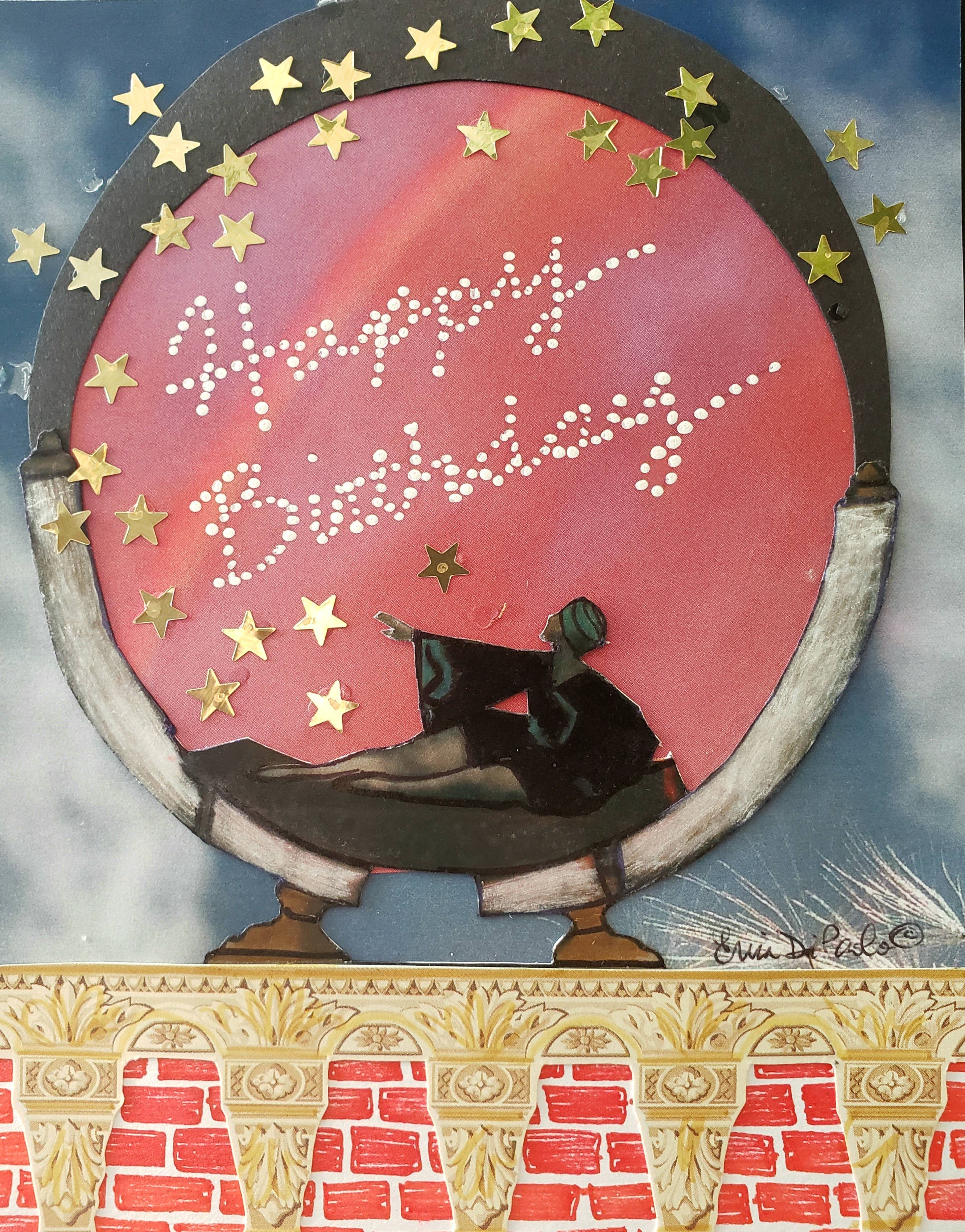 Vintage-style birthday card with a person in a dark coat and hat, stars, and 'Happy Birthday' text.