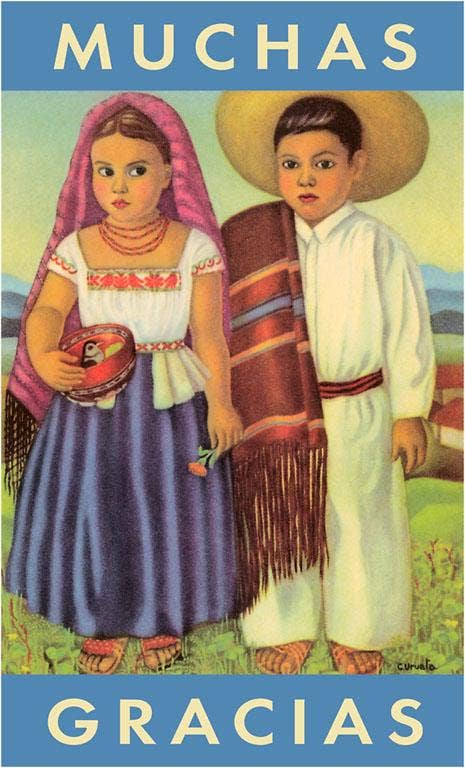 Illustration of a boy and girl in traditional clothing with 'Muchas Gracias' text on a blue background