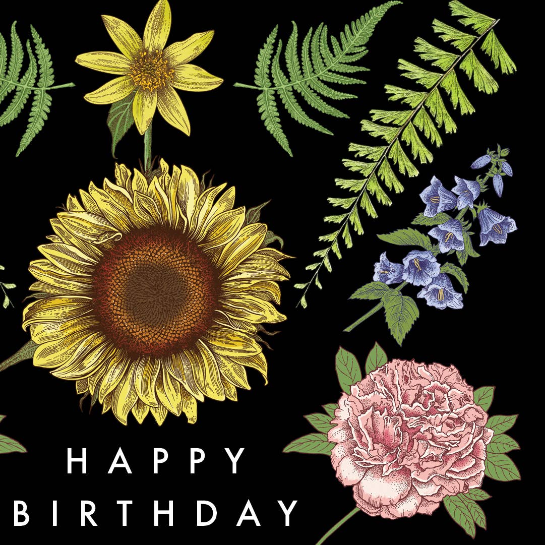 Floral design with sunflower, pink rose, and blue flowers on a black background with 'Happy Birthday' text.