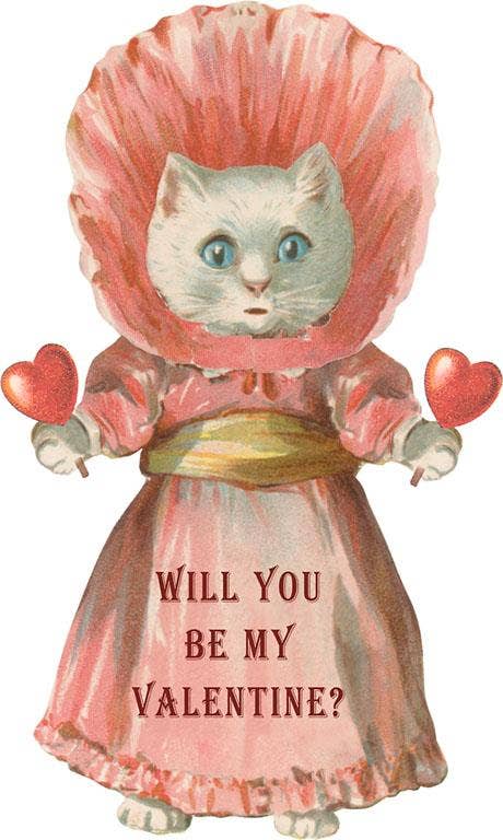 Cat in a pink dress with a shell hat, holding hearts, and asking 'Will you be my Valentine?'