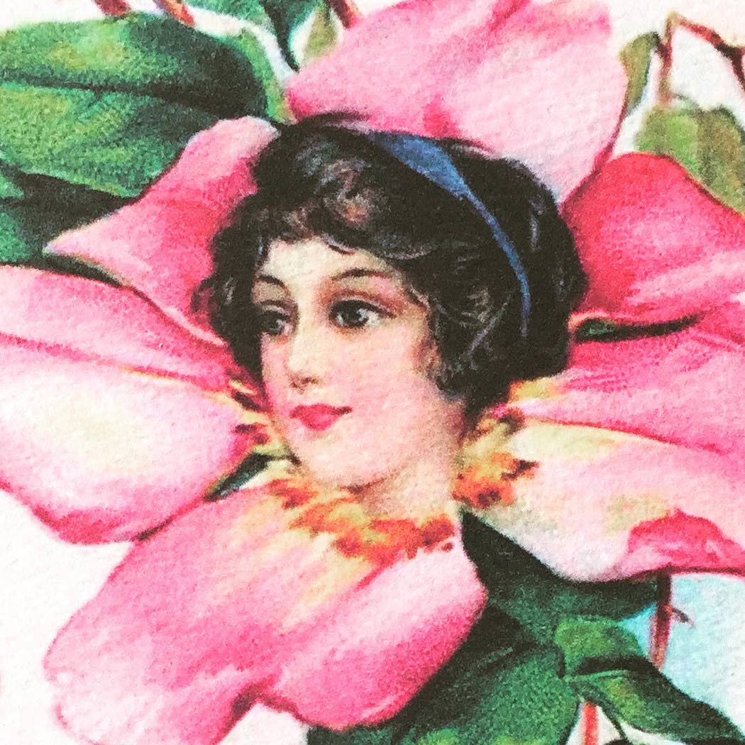 Vintage-style illustration of a woman surrounded by pink flowers