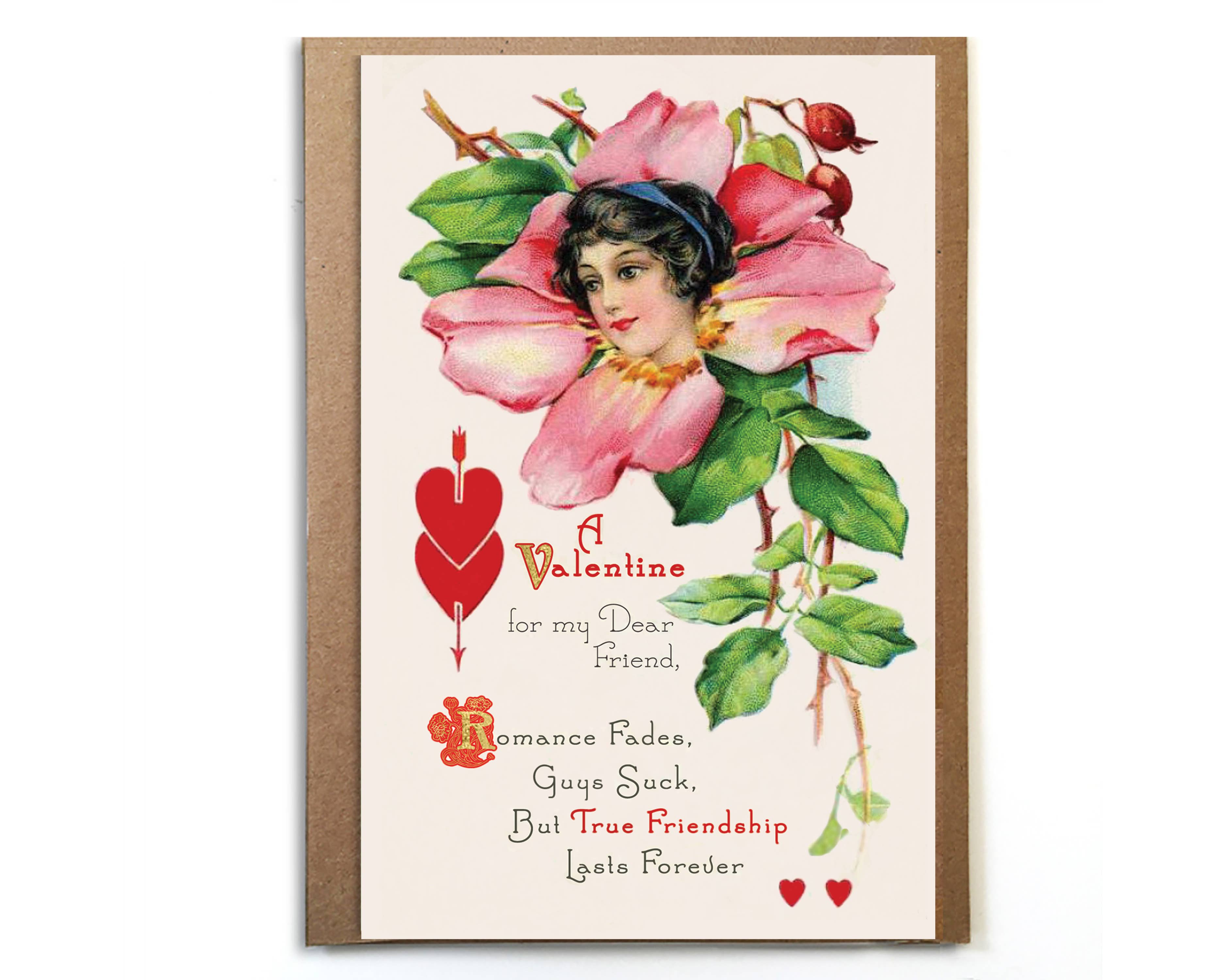 Vintage-style Valentine's Day card with a woman surrounded by flowers and text.