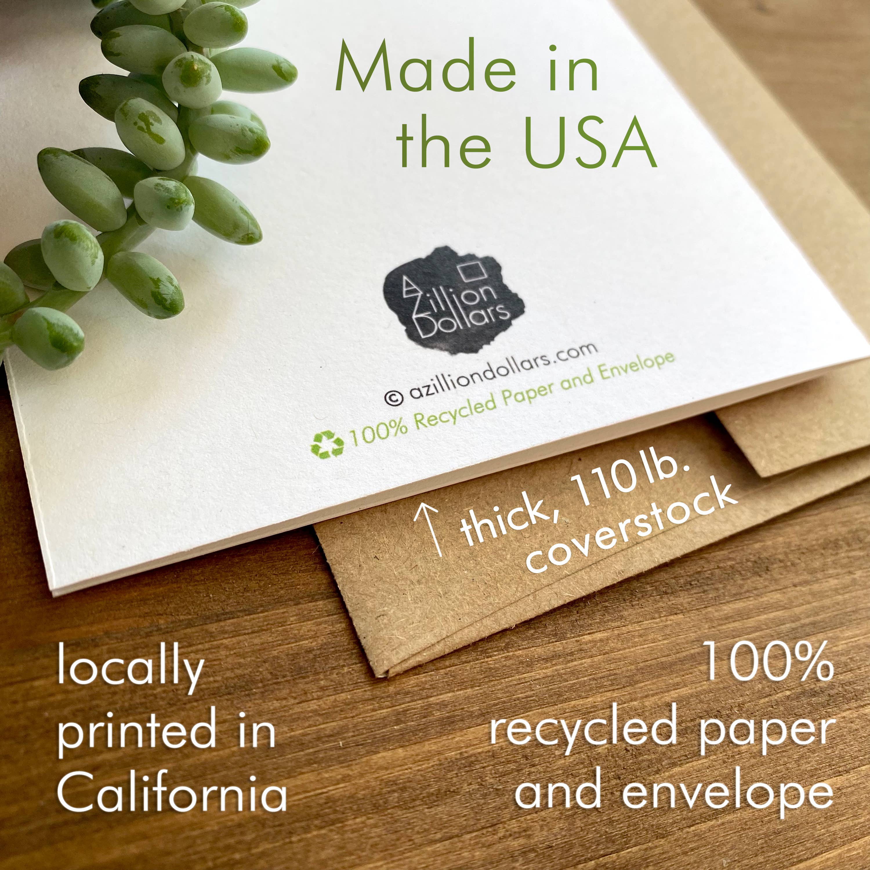 Product packaging with recycled paper and envelope on a wooden surface, featuring text about production location and materials.