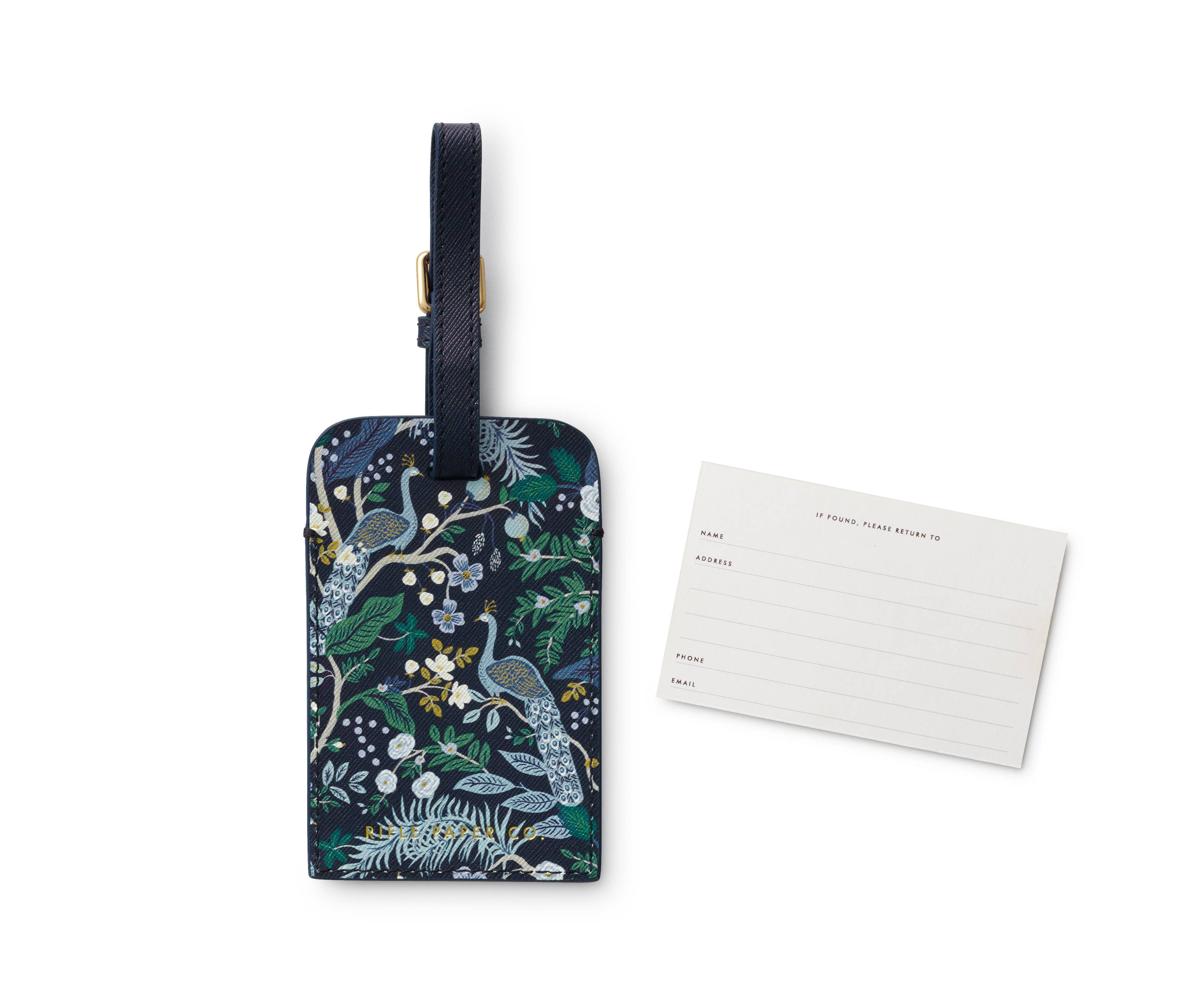 Luggage tag with peacock design and attached card on a white background