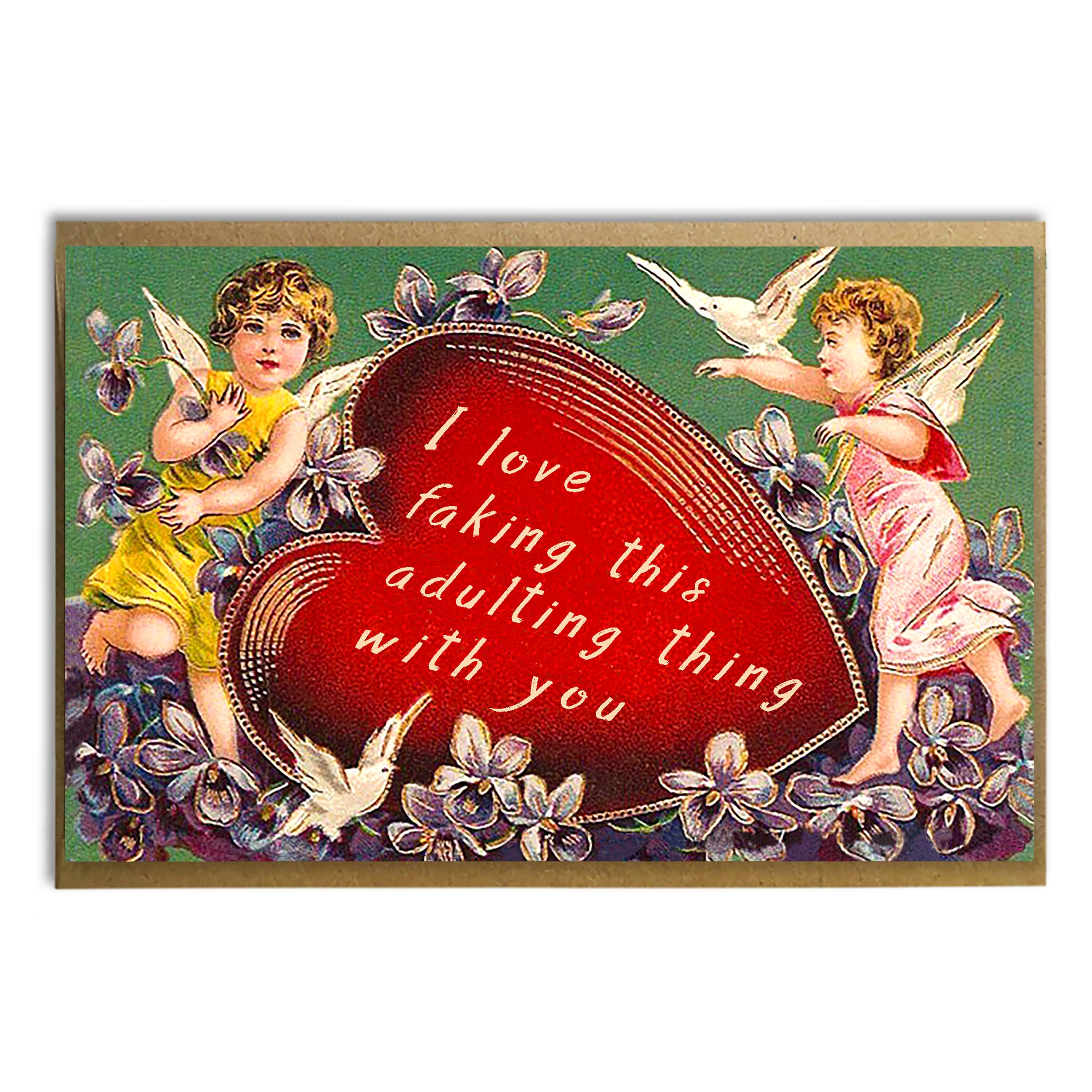 Vintage-style card with cherubs and a heart-shaped message on a green background