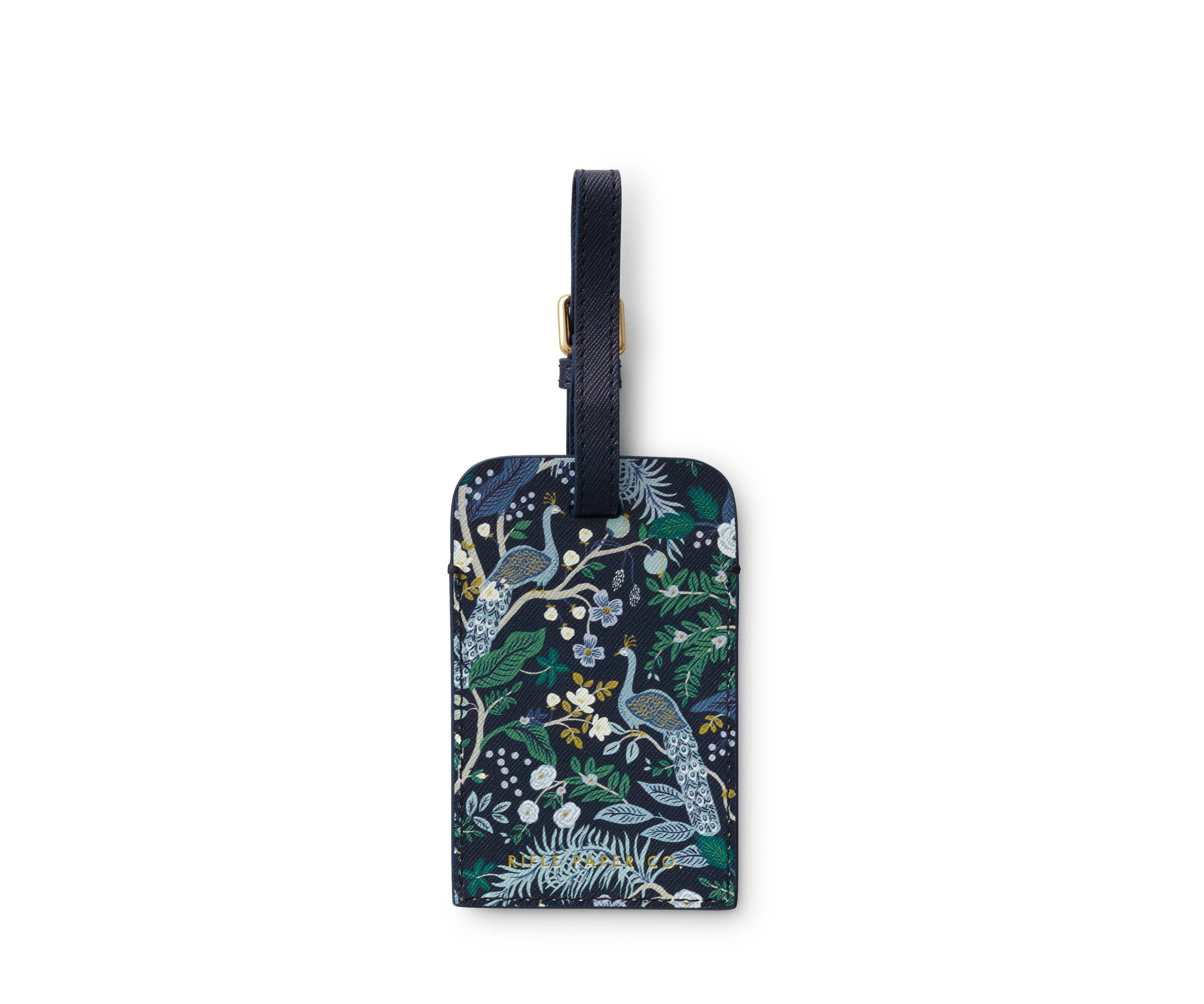 Luggage tag with floral and bird design on a white background