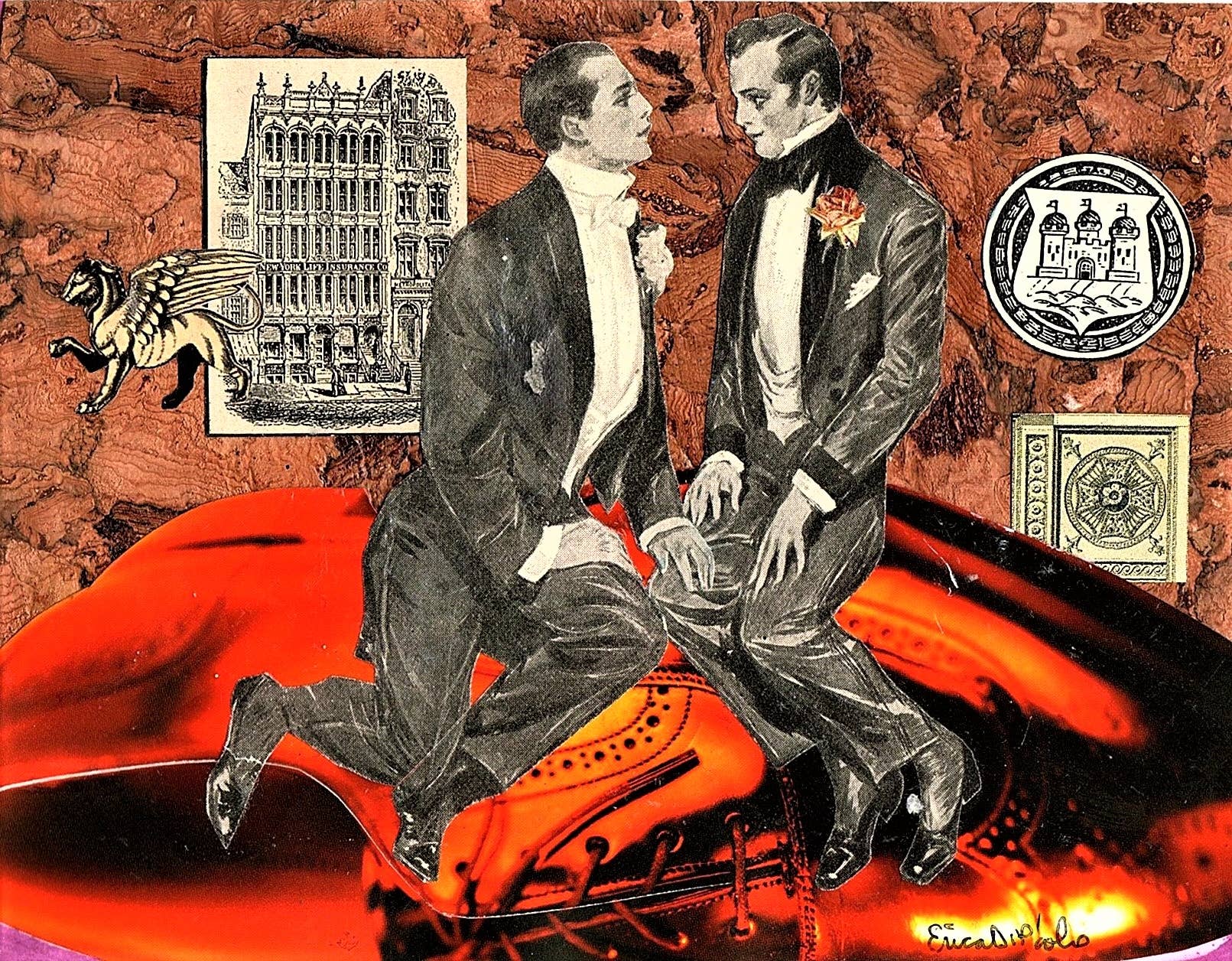 Collage of two men in formal attire sitting on a red car with vintage elements.
