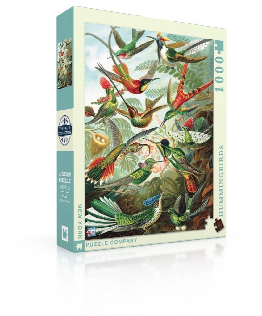 Jigsaw puzzle box featuring hummingbirds on a white background