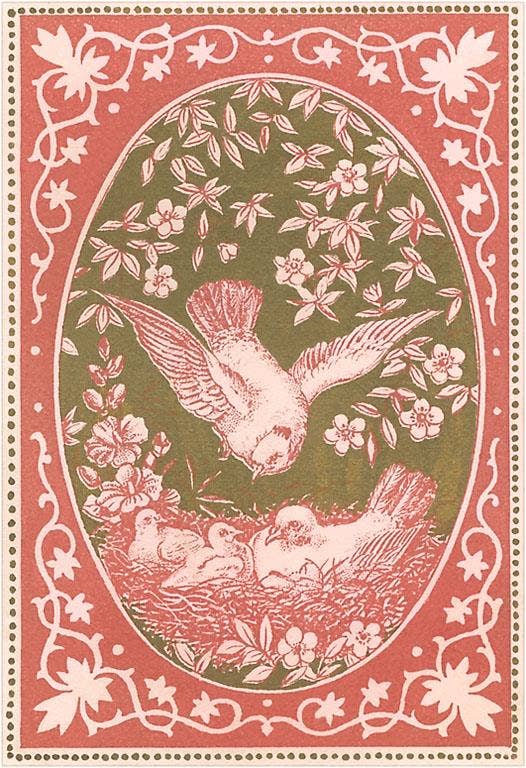 Decorative illustration of birds and flowers with an ornate border on a red background