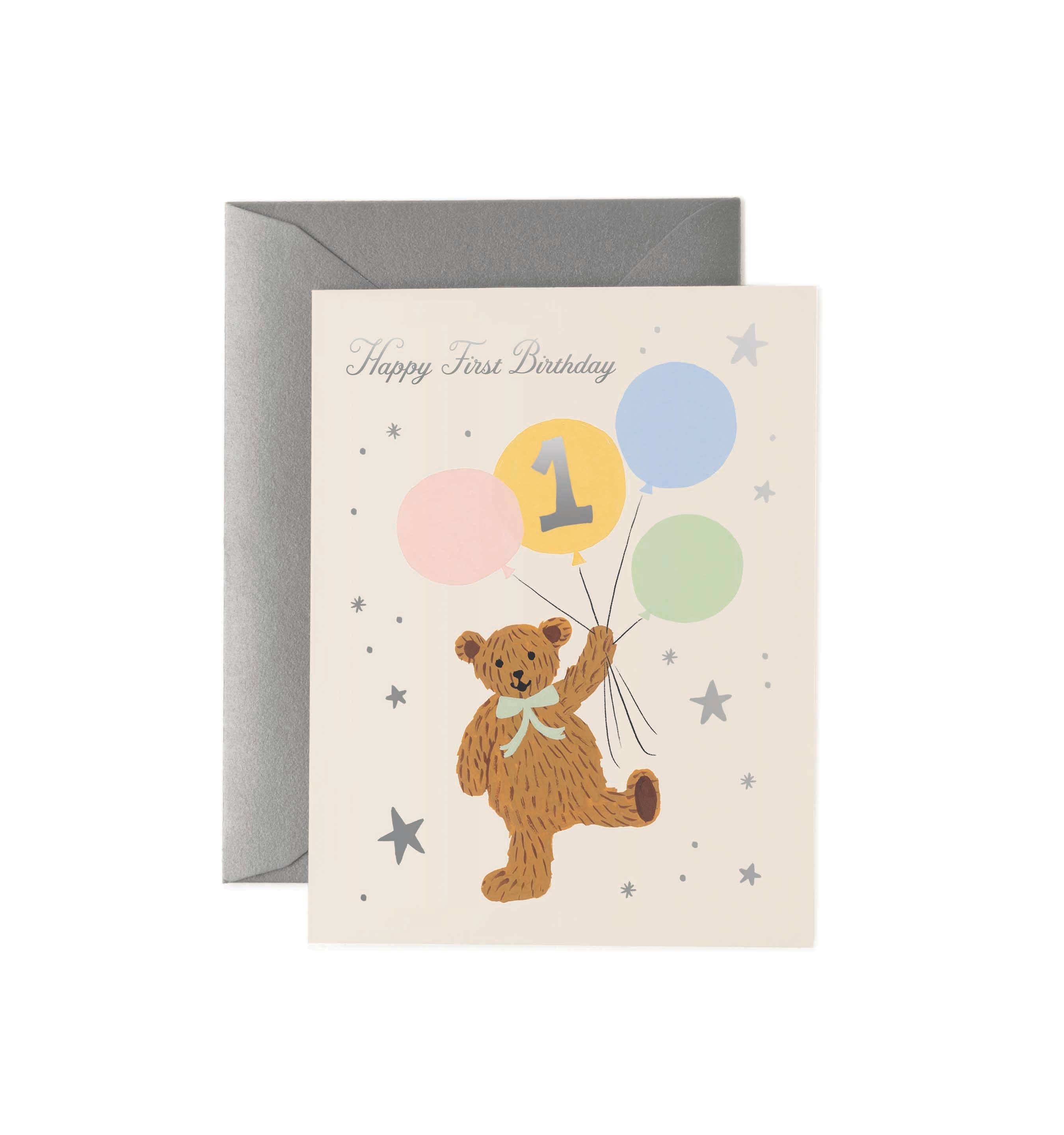 Birthday card with a bear holding balloons and the number one, on a white background.