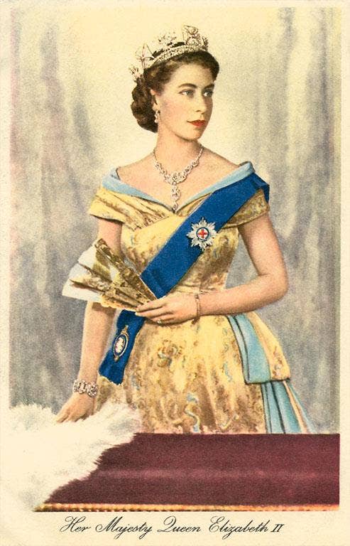 Portrait of Queen Elizabeth II in formal attire with a blue sash and tiara.