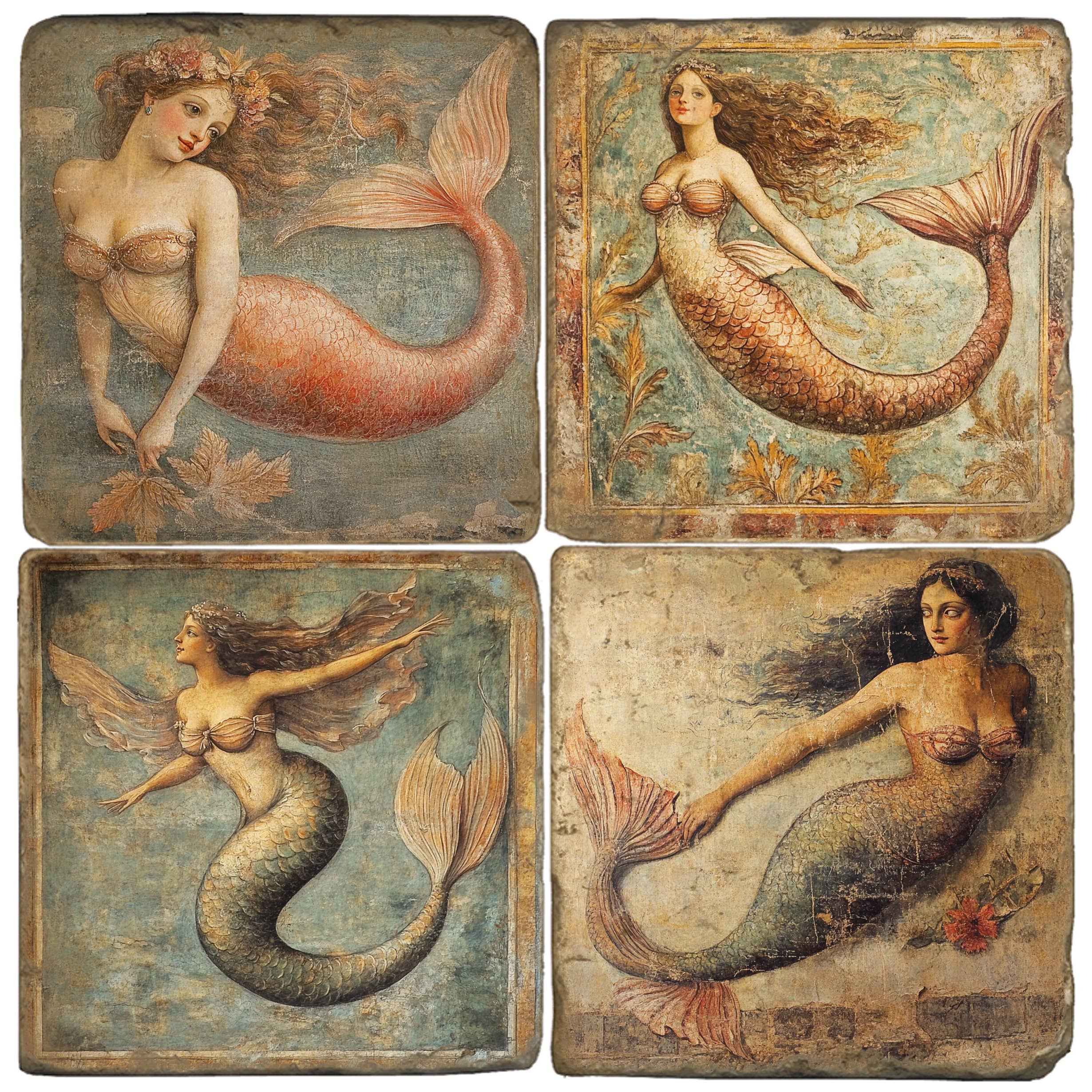 Four decorative tiles featuring mermaid illustrations with a vintage style.