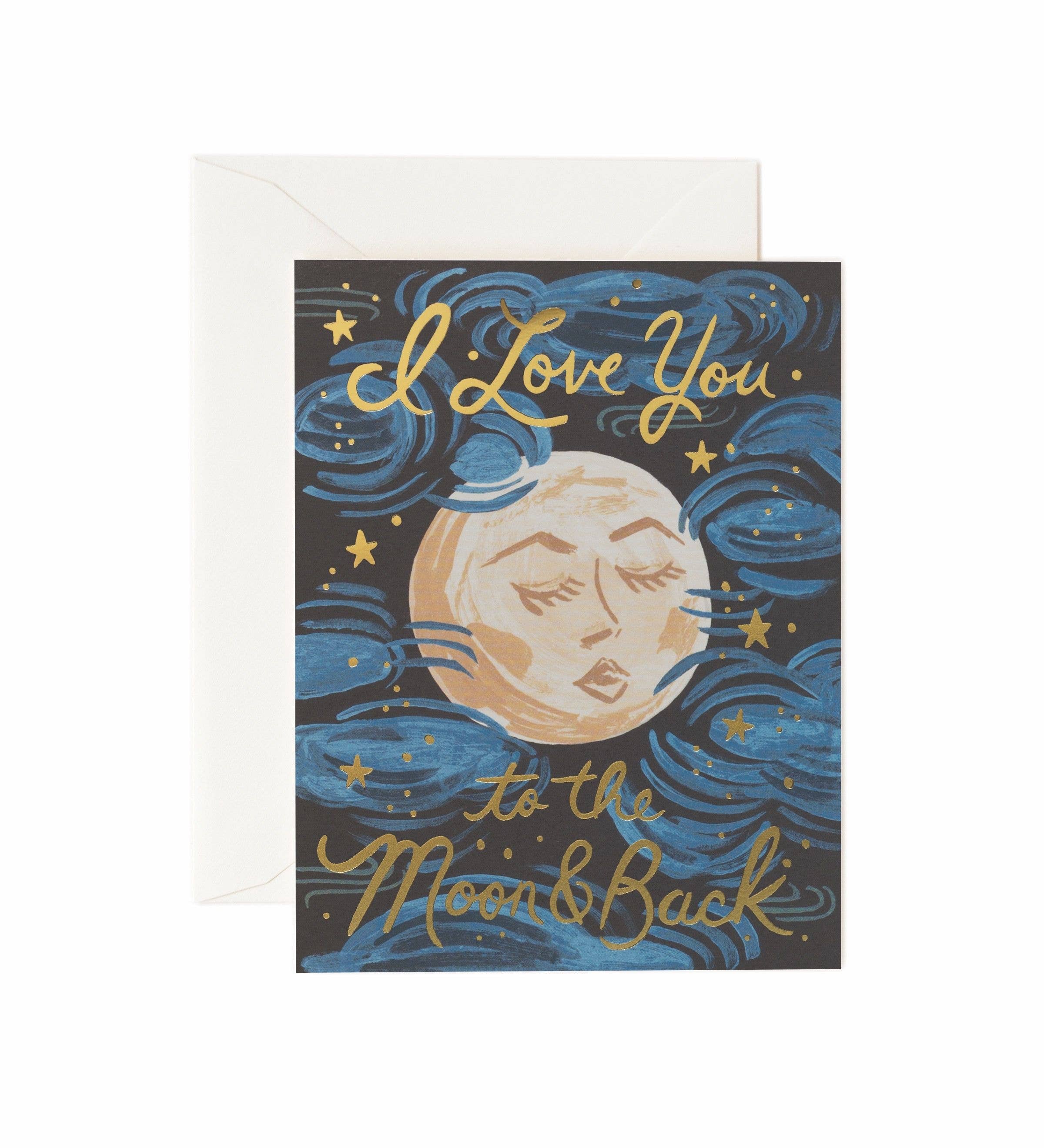 Greeting card with moon and stars design and 'I Love You to the Moon & Back' text.