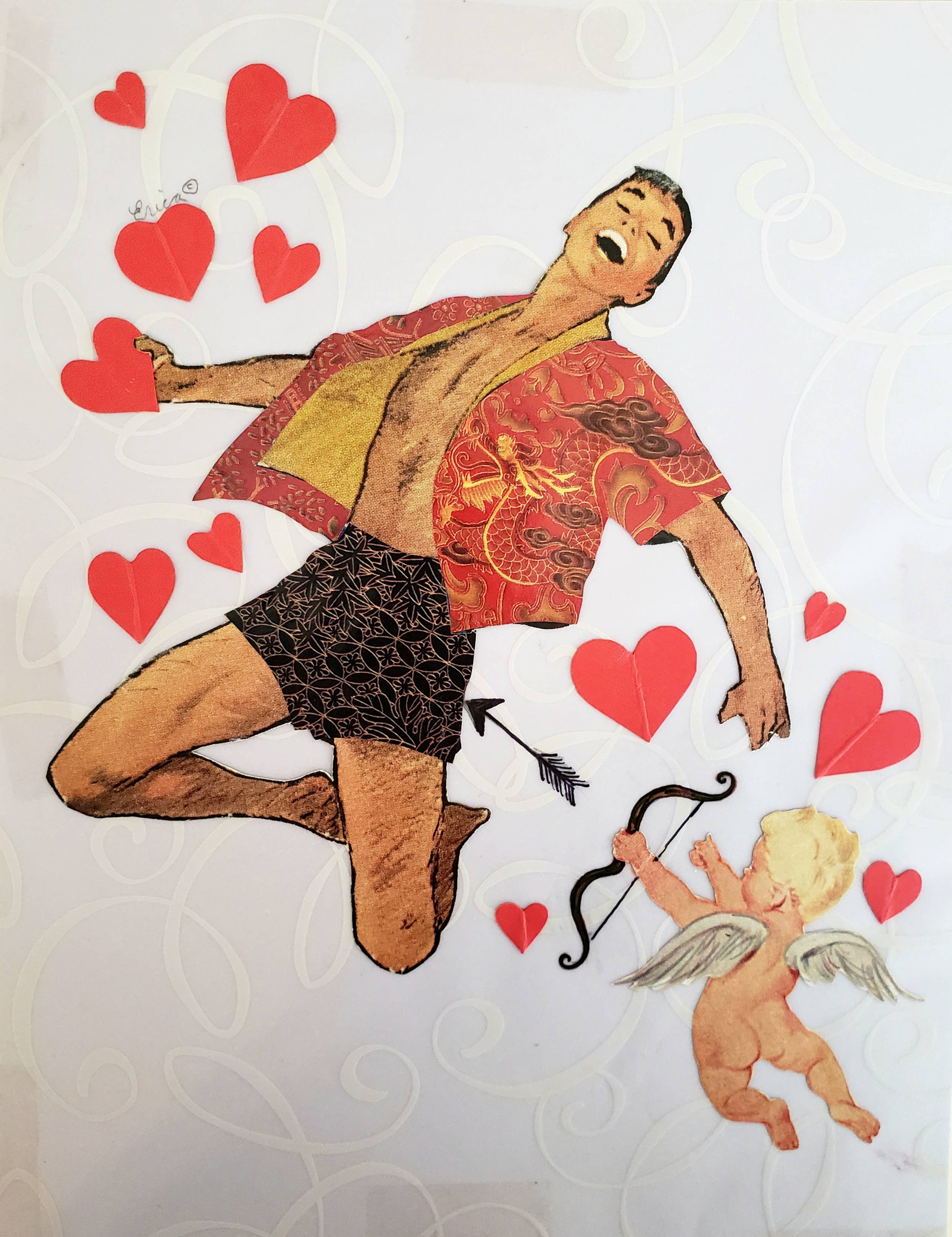 Illustration of a shirtless man with hearts and a cupid figure on a light background