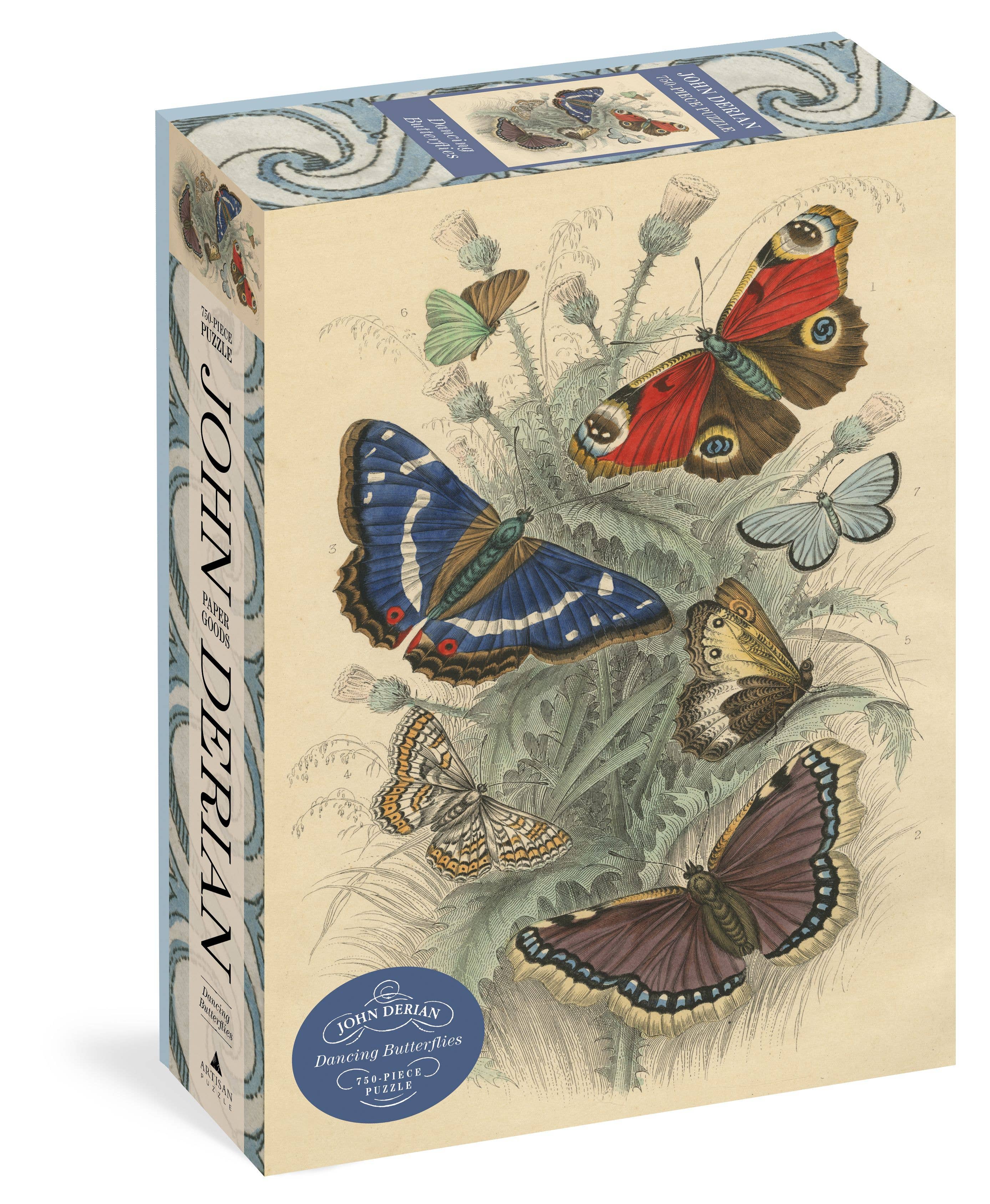 Box of John Derian butterflies with illustrations on a beige background