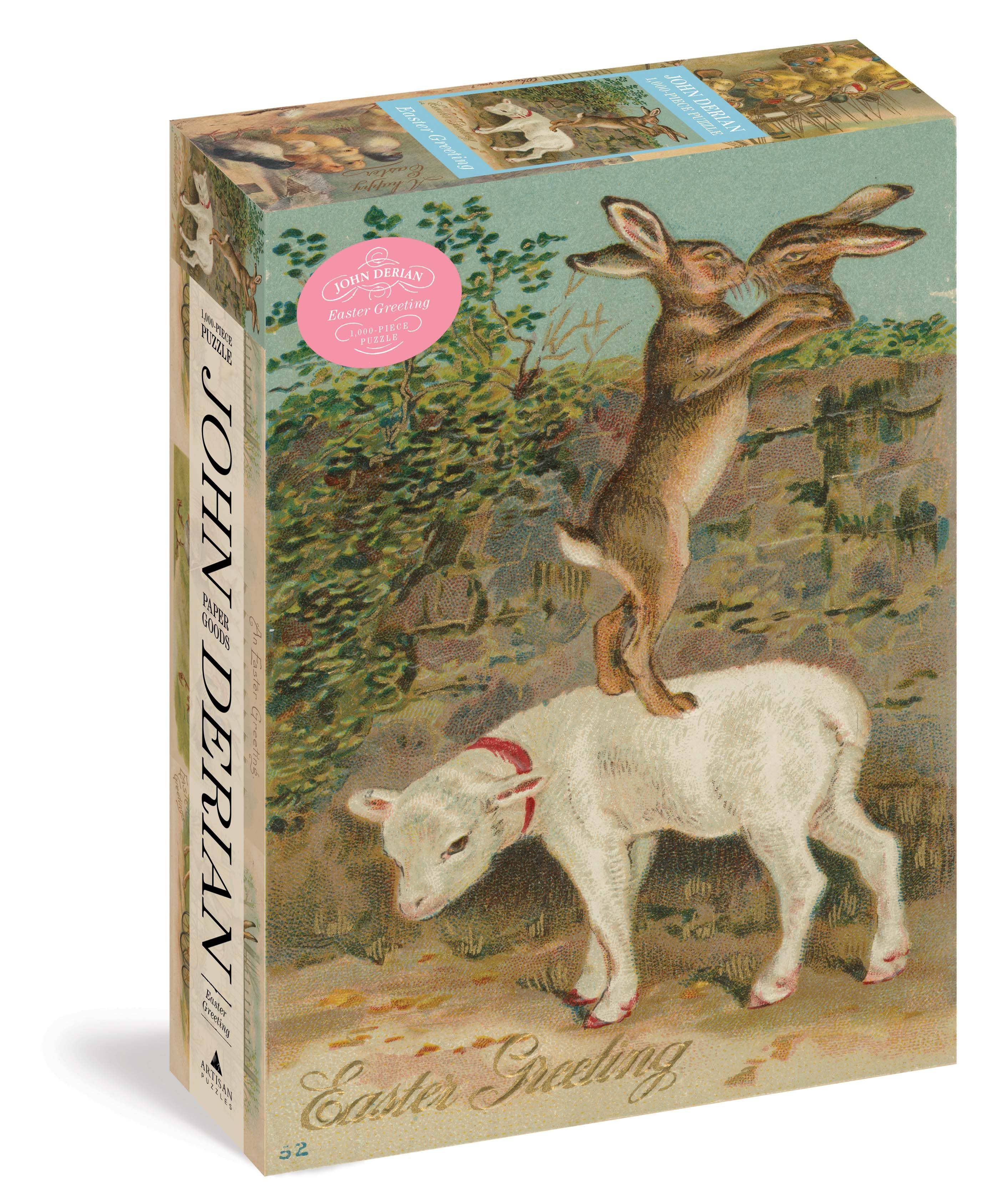 Box with vintage-style illustration of a rabbit and lamb, featuring a pink label on a white background.