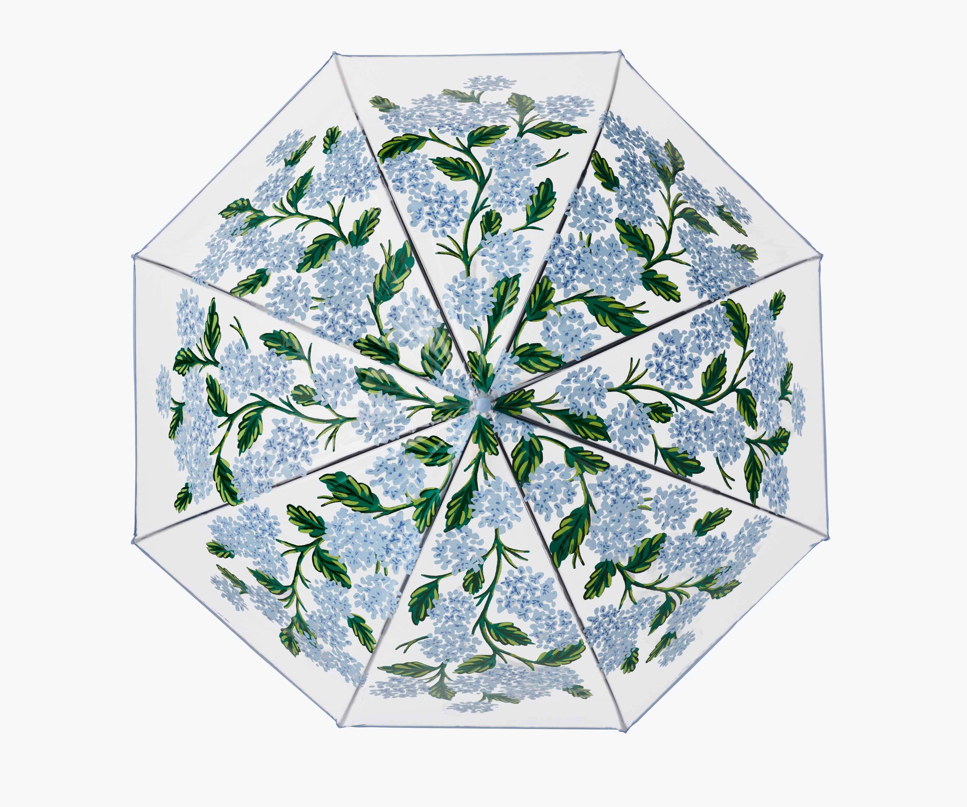 Transparent umbrella with blue floral pattern on a white background