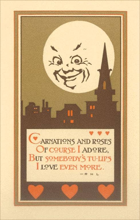 Vintage-style illustration with moon, buildings, and text on a beige background