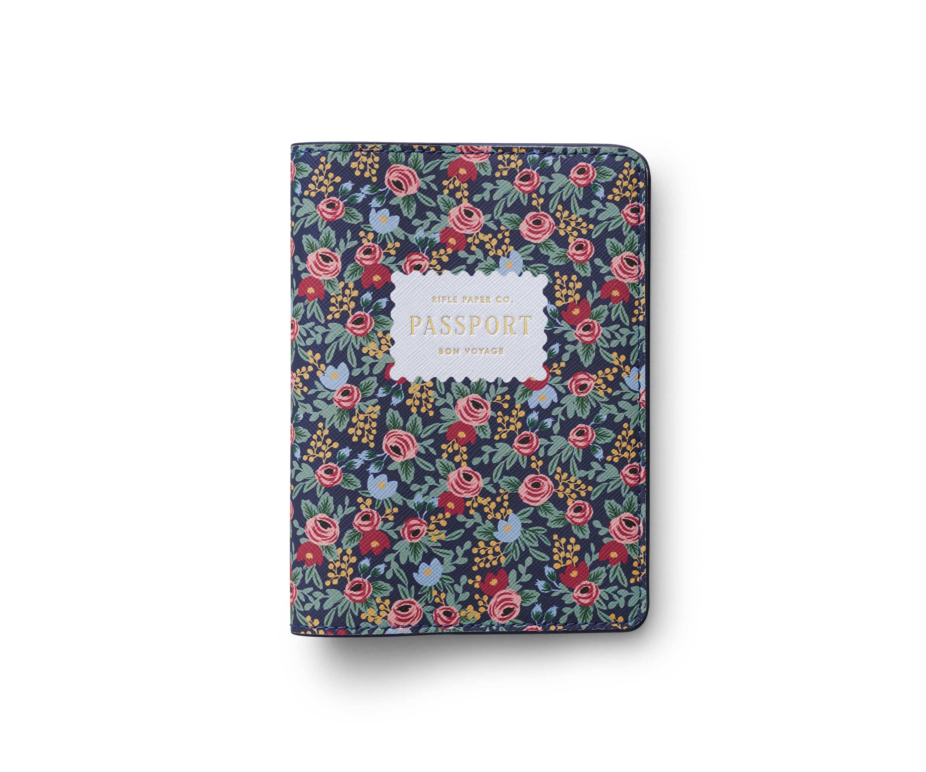 Floral passport holder with a white label on a white background