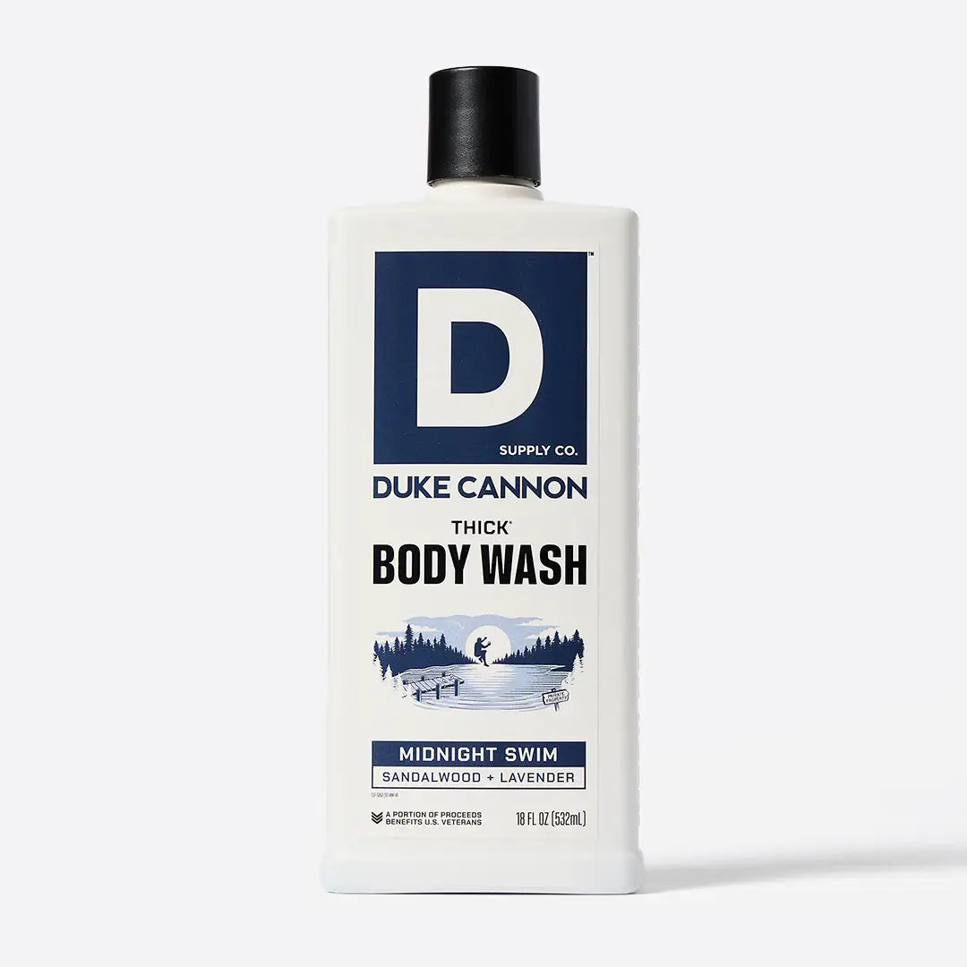Bottle of Duke Cannon body wash on a white background