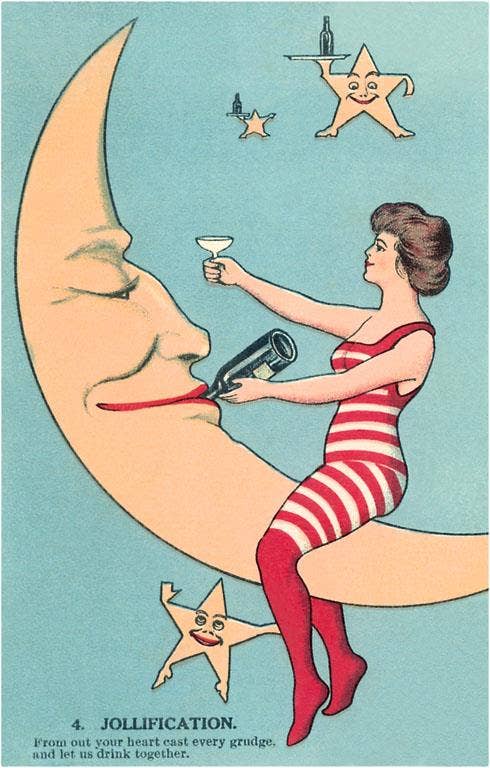 Vintage-style illustration of a woman in a red swimsuit sitting on a crescent moon with stars and a bottle.