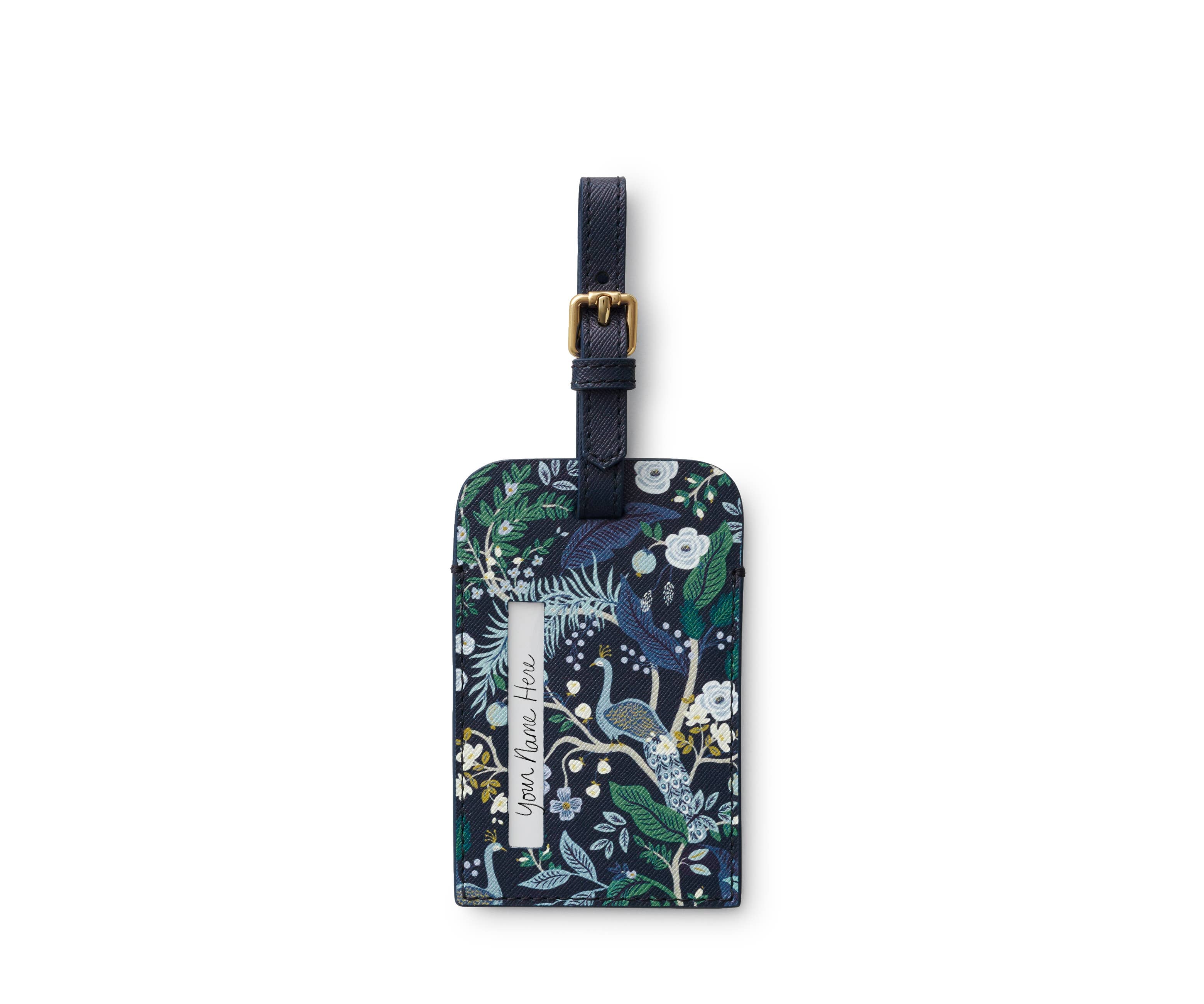 Luggage tag with floral design and letter 'I' on a white background