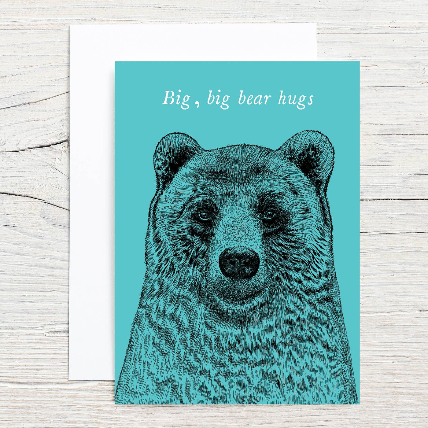 Poster with a bear illustration and 'Big, big bear hugs' text on a teal background
