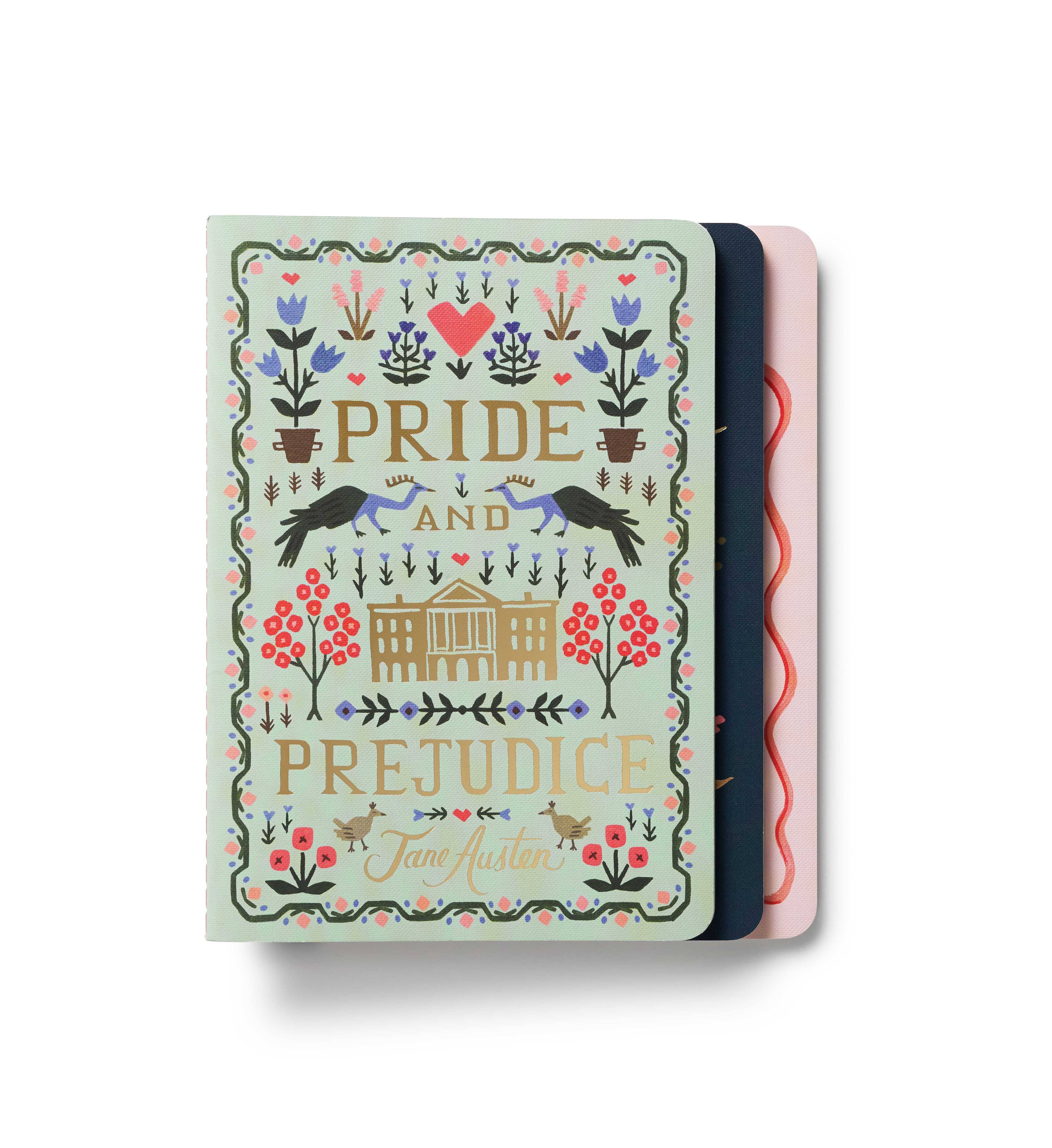 Notebook cover with 'Pride and Prejudice' design featuring Jane Austen's name and decorative elements on a light green background.