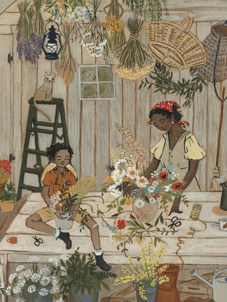 Illustration of two women working with flowers in a rustic setting