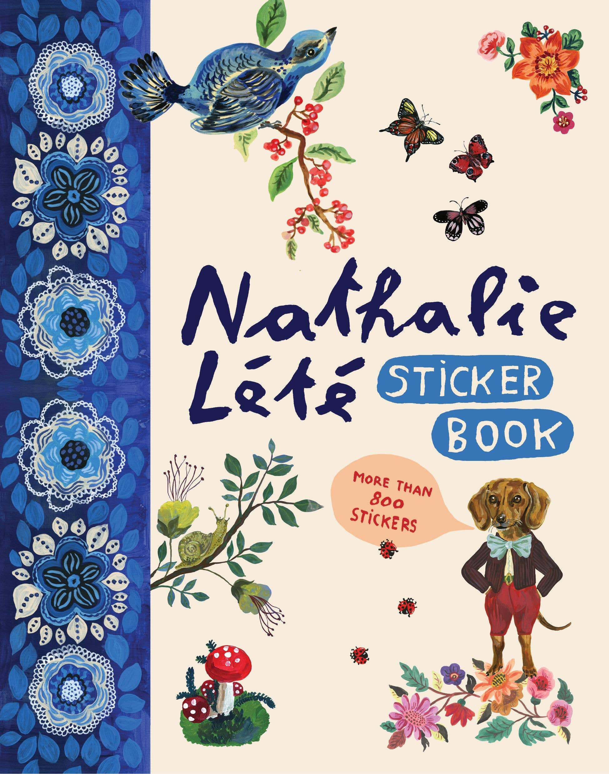 Sticker book cover with colorful illustrations of nature and a dog, featuring the brand 'Nathalie L\'e\'e'.