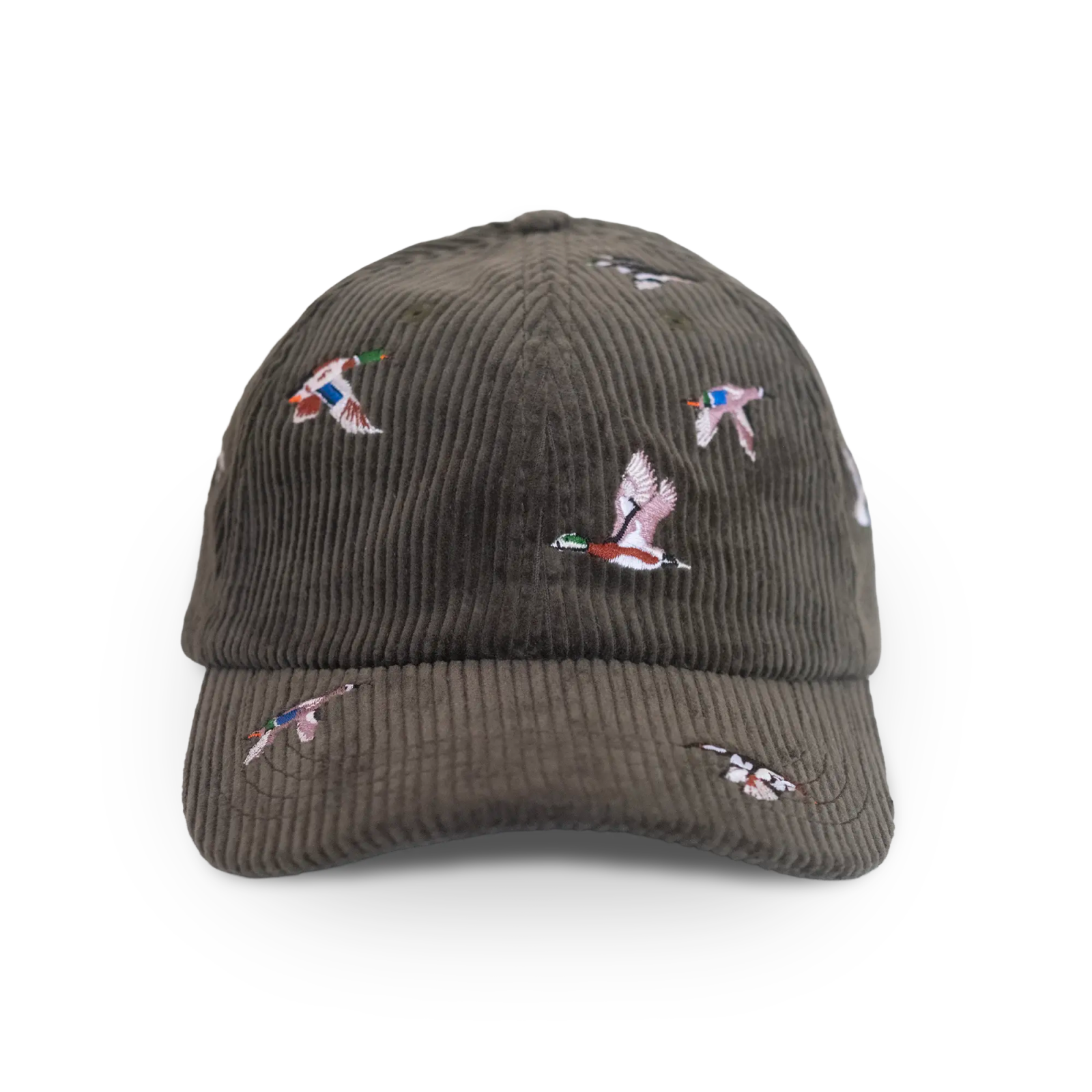 Brown cap with duck designs on a white background