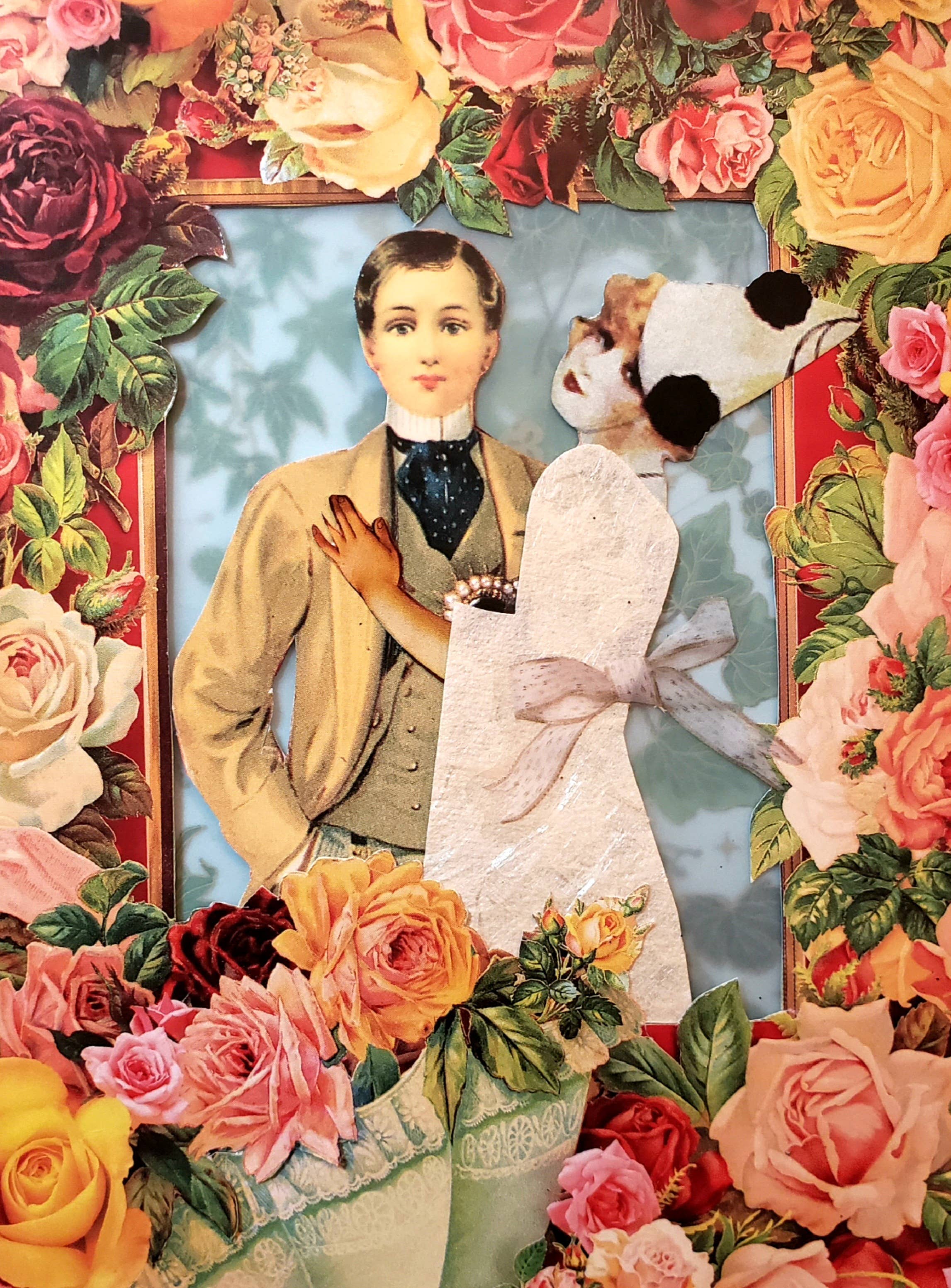 Vintage-style illustration of a couple embracing with a floral border