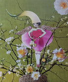 Artistic depiction of a winged figure holding a heart, surrounded by flowers and branches on a green background.