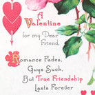Valentine's Day card with hearts, flowers, and humorous text on a white background