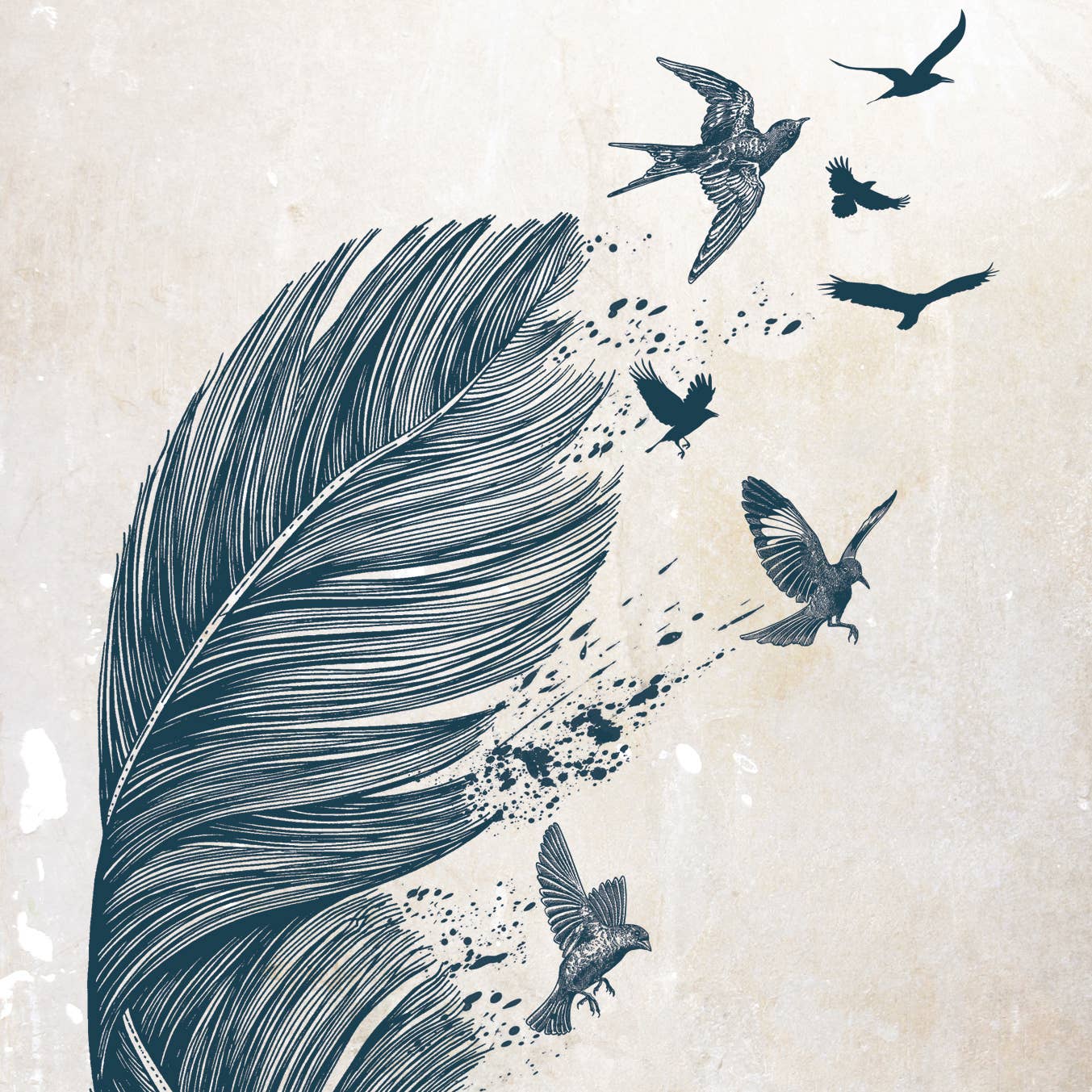 Feather with bird silhouettes on a textured beige background