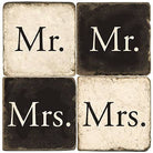 Four square coasters with 'Mr.' and 'Mrs.' text on a black and beige background