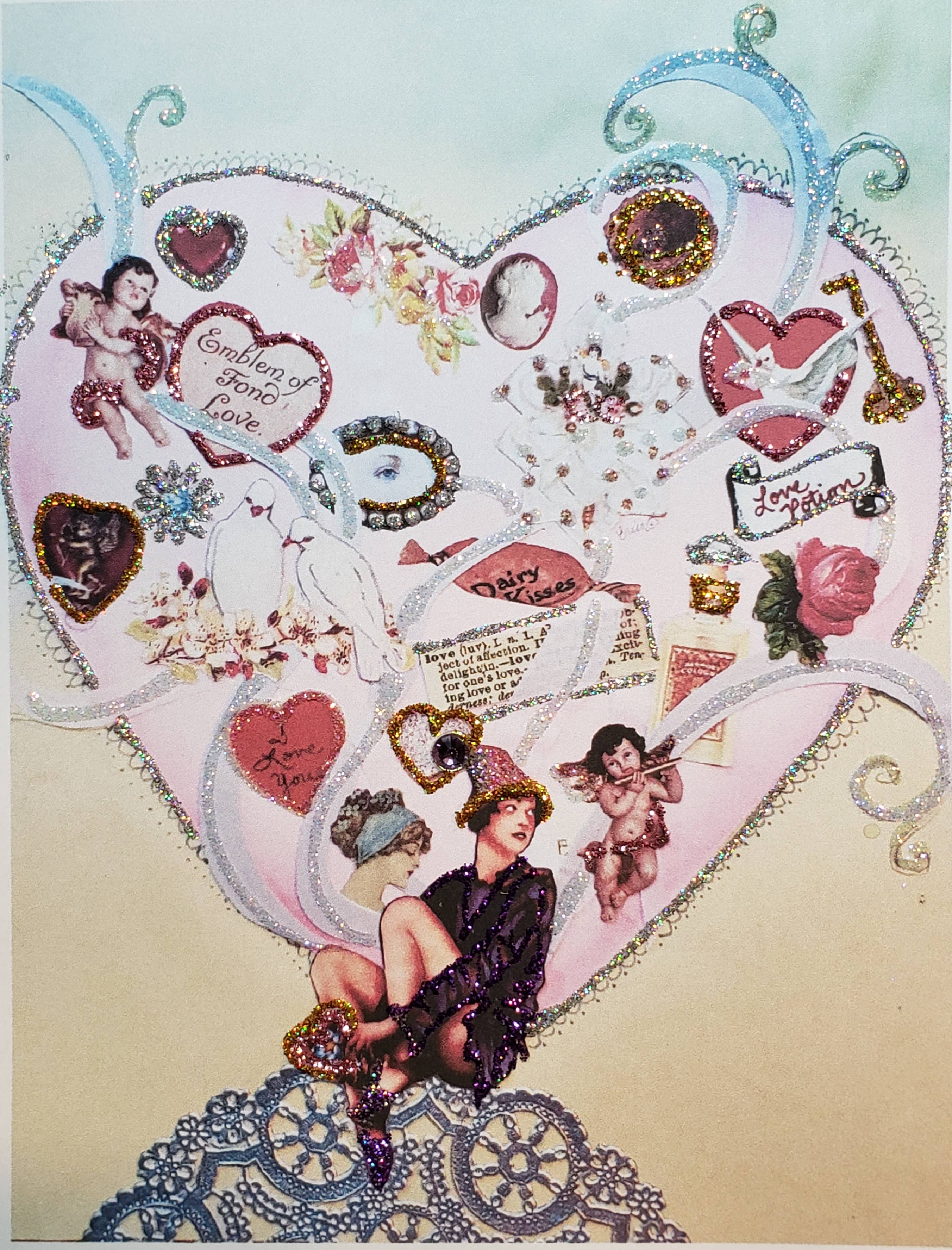 Vintage-style illustration with hearts, cherubs, and decorative elements on a heart-shaped background.