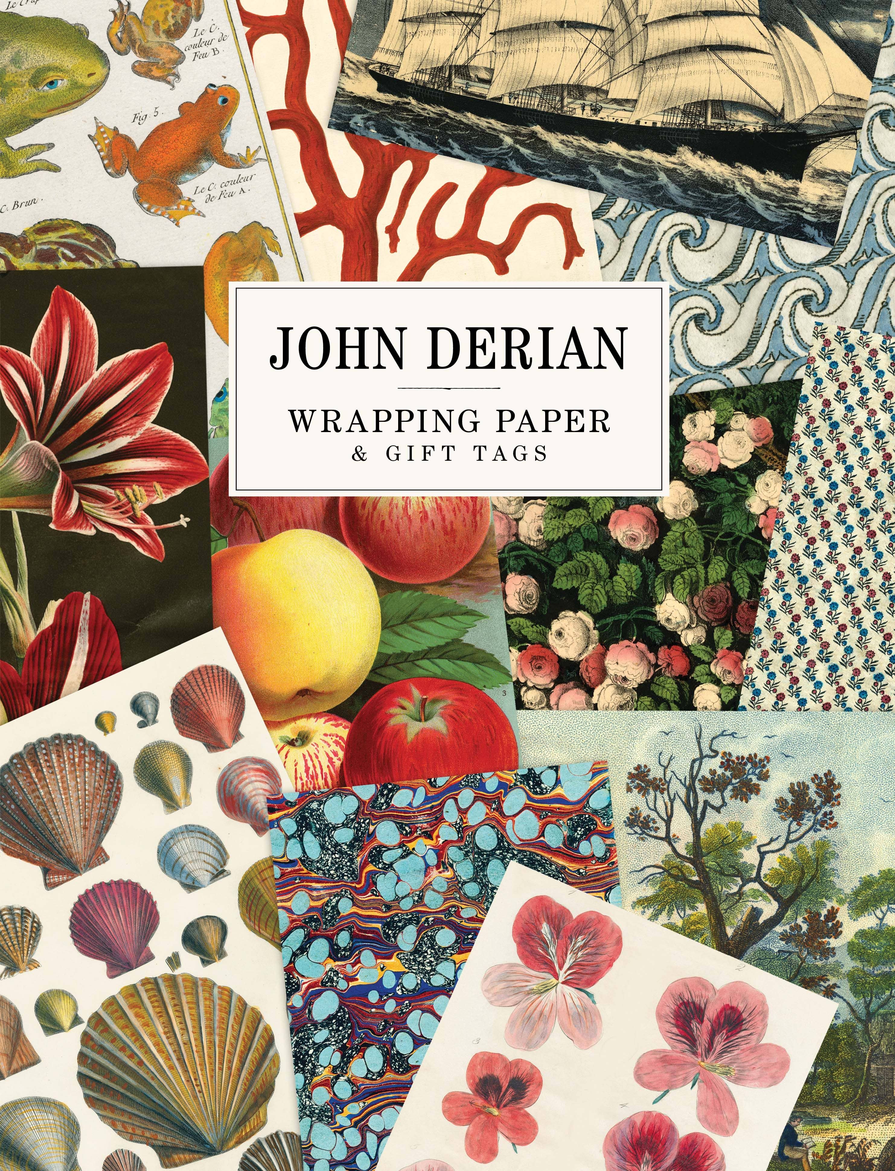 Collection of John Derian wrapping paper and gift tags with various designs.