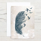 Art print with a feather and flying birds on a textured beige background