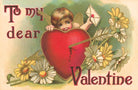 Vintage Valentine's Day card with a child holding a heart, surrounded by flowers and text.