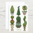 Illustration of various topiary plants in pots on a white background