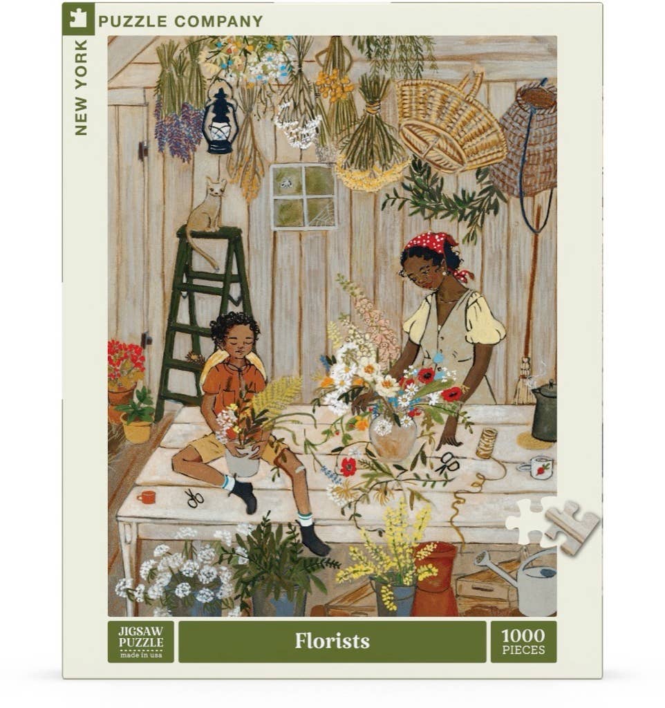 Florists puzzle packaging with two people working with flowers in a room.